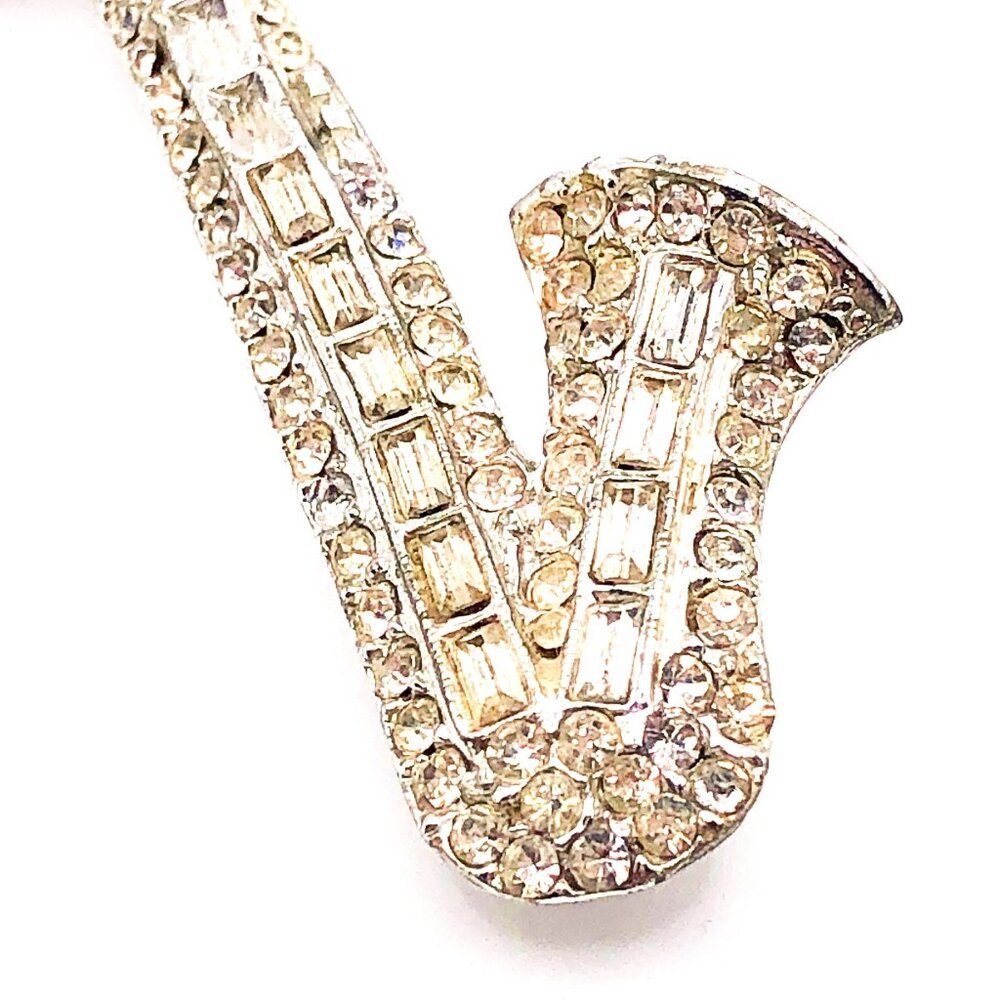 Vintage Silver Tone Rhinestone Saxophone Brooch Pin – Sparkle with Sax Appeal! - Picture 4 of 10